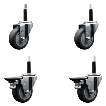Service Caster 3.5'' Thermoplastic Rubber Wheel Swivel 3/4'' Expanding Stem Caster Set 2 Brakes, 4PK SCC-EX20S3514-TPRB-2-PLB-2-34